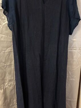 Navy Blue Linen Women's Casual Maxi Dress from Italy.